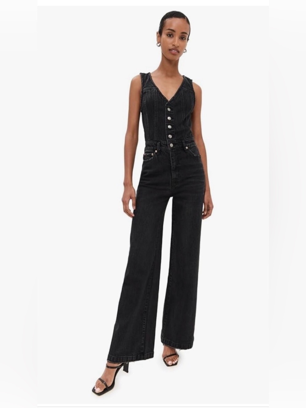 pistola Aria Black Button-Front Wide-Leg Jumpsuit